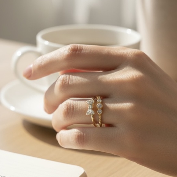 14k gold plating on sterling silver (Gold Vermeil) CZ Bow and Bezel rings size 6 - Picture 4 of 4